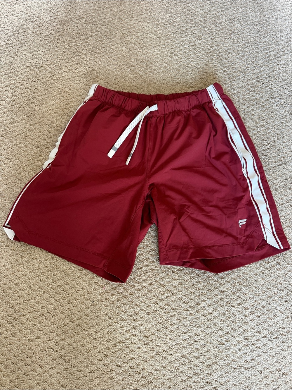 Fabletics Men’s Maroon Athletic Shorts with White Side Stripes